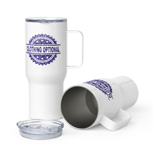 Clothing Optional Travel mug with a handle